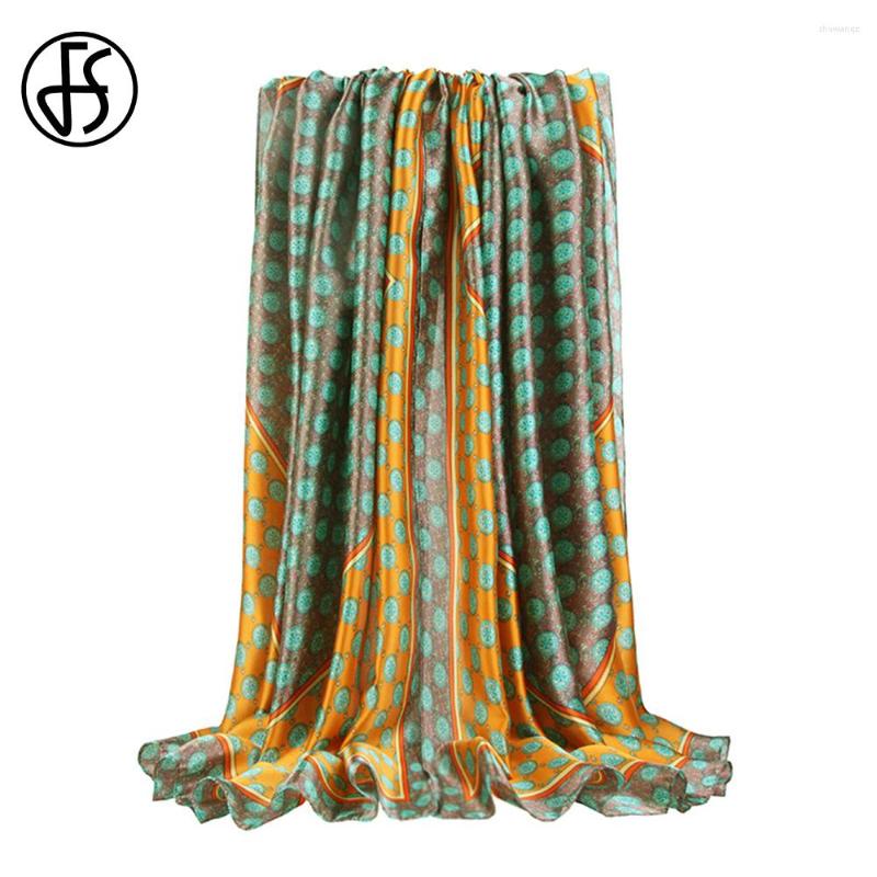 

Scarves FS Silk Satin Geometric Patchwork Print Hijab For Women Brand Designer Scarf 2023 Summer Sun Protection Casual Shawl Foulard