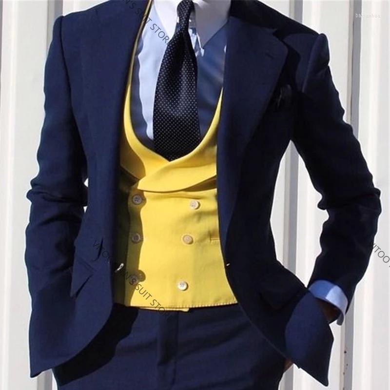

Men's Suits Slim Fit Navy Men For Wedding 3 Piece Groom Tuxedos Notched Lapel Gentleman Set Jacket Yellow Vest With Pants Male Fashion, Black