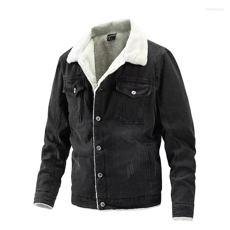 

Men's Jackets Winter Fleece Denim Jacket Men's High Quality Warm Casual Lapel Coats Autumn Multi-Pocket Male Clothes Black J111