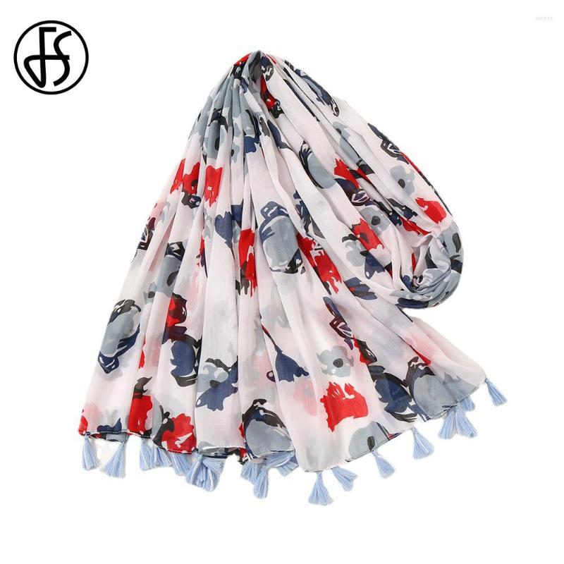 

Scarves FS 2023 Ink Painting Printed Long Hijab Scarf With Tassel White Cotton Winter Women Warm Big Shawl Foulard Femme