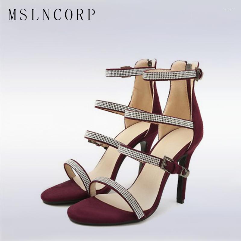 

Sandals Size 34-43 High Quality Narrow Band Rhinestone Ankle Strap Women Pointed Peep Toe Thin Heels Sexy Red Wedding Shoes, As photo