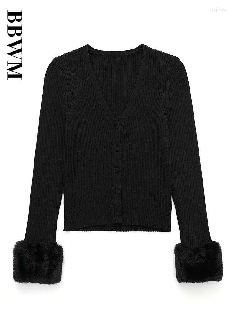 

Women' Knits 2023 Fashion Artificial Fur Effect Cuffs Slim V Neck Knitted Coat Winter Vintage Long Sleeve Cardigan Sweater Female Tops, Black