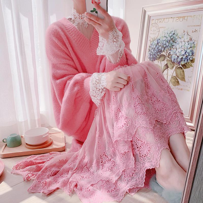 

Casual Dresses Sweet Mori Girl Fairy Lantern Sleeve Princess Lace Dress Women Loose Long Maxi Knitted Sweater Dresse Autumn Tunique Robe, Pink purple