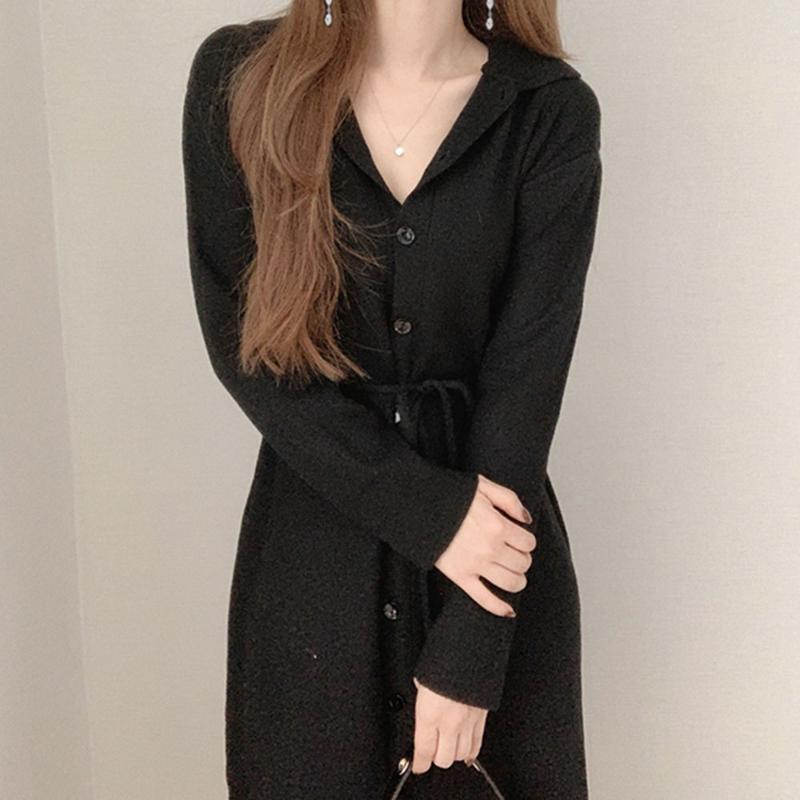 

Casual Dresses Dress Autumn 2023 Japanese Style Fashion Solid Color Single-breasted Long Sleeve Loose Straight Knit Lacing, Black