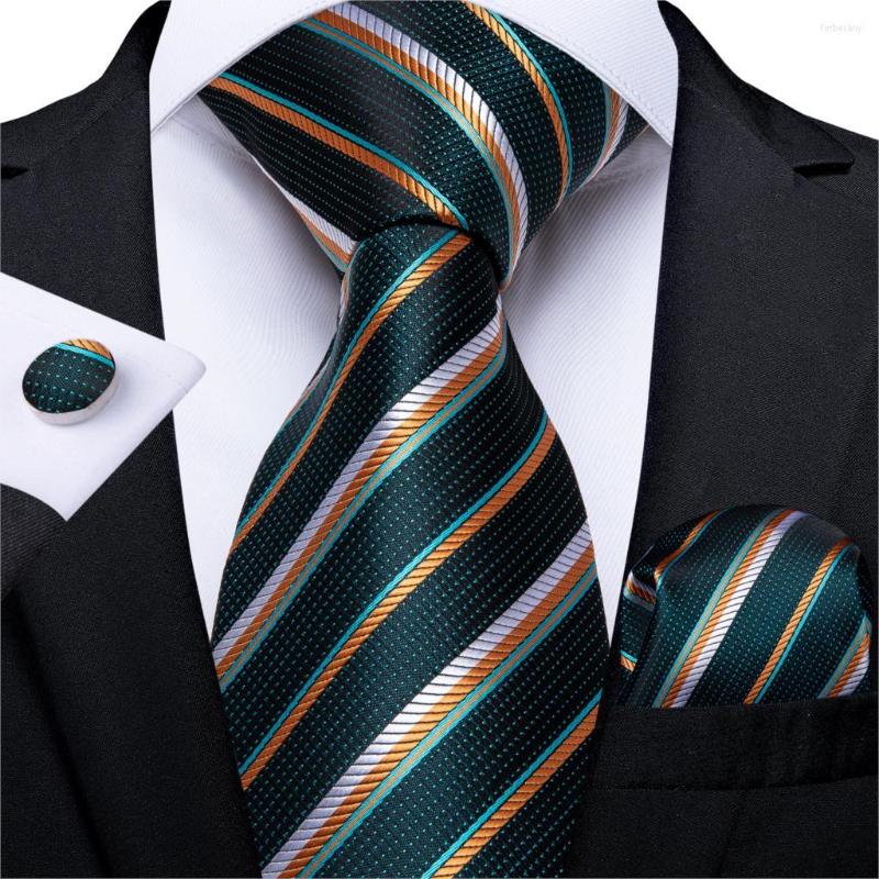 

Bow Ties Fashion Men Tie Green Gold Striped Silk Wedding For Hanky Cufflink Gift Set DiBanGu Novelty Design Business MJ-7301