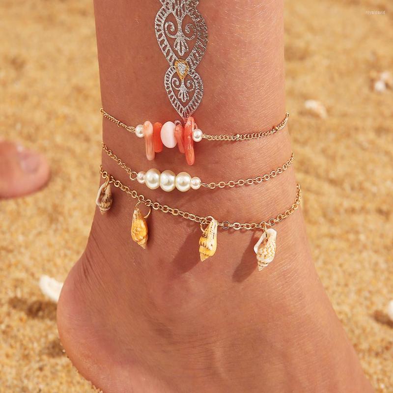 

Anklets Gold Color Multilayer Shell Crystal Stone Set For Women Bohemian Pearl Beads Ankle Bracelet Beach Body Foot Jewelry