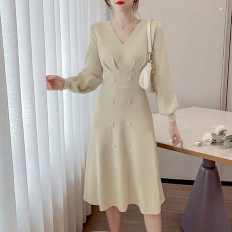 

Casual Dresses Vintage Hepburn Temperament Knitted Dress V-Neck Long Lantern Sleeve Apricot/Black Sweater Ruched Double-Breasted, Picture color