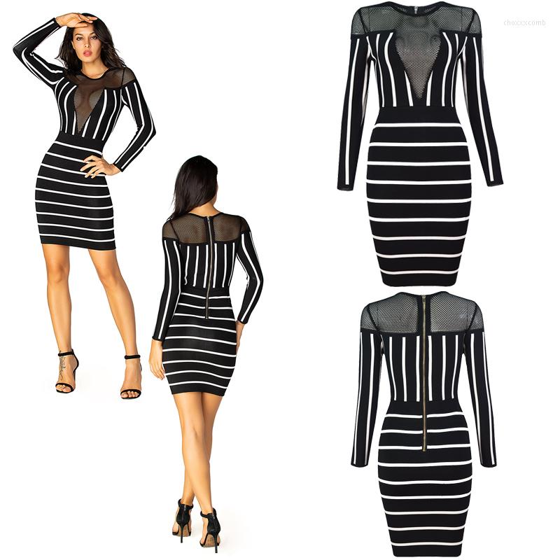 

Casual Dresses High Quality O-Neck Voile Striped Long Sleeves Women Hollow Out Bandage Dress Fashion Celebrity Party Bodycon, Black