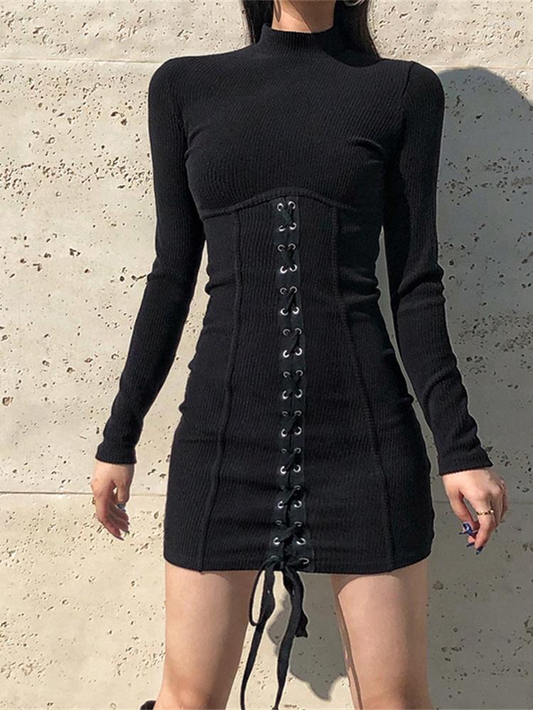 

Casual Dresses 2023 Gothic Lace Up Black Corset Women Streetwear Aesthetic Vintage Bodycon Dress Long Sleeve Harajuku Sexy Party
