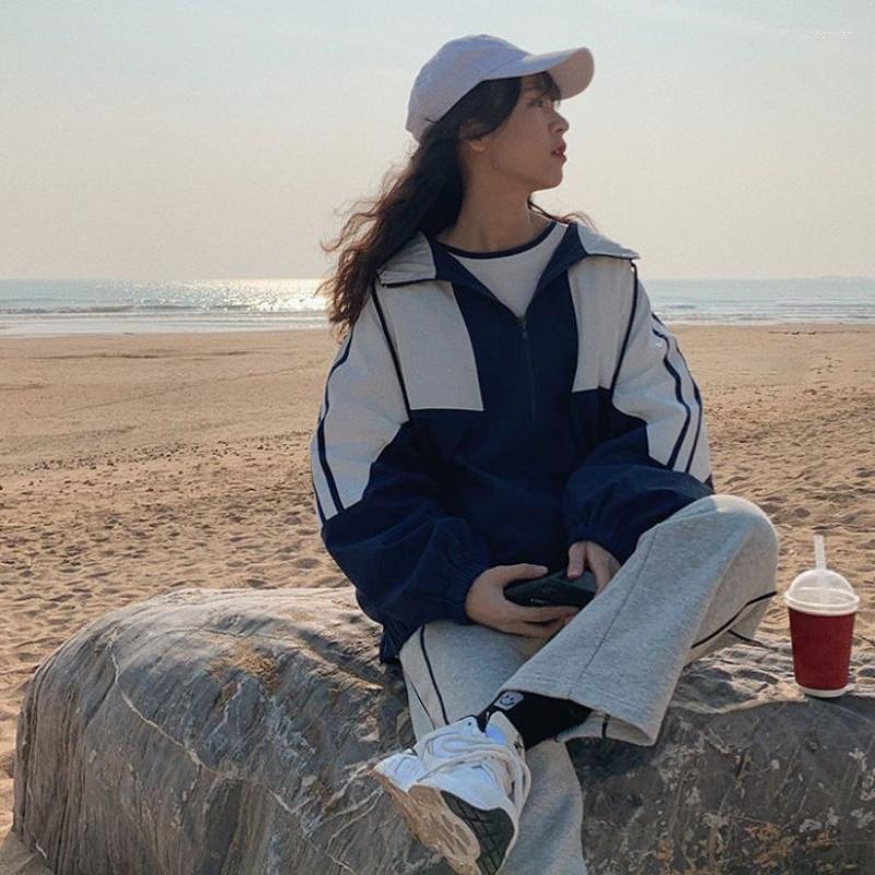 

Women' Jackets Deeptown Harajuku Women Oversized Korean Streetwear Zipper Hooded Jacket Female College Style Varsity Outdoor Bomber, Blue