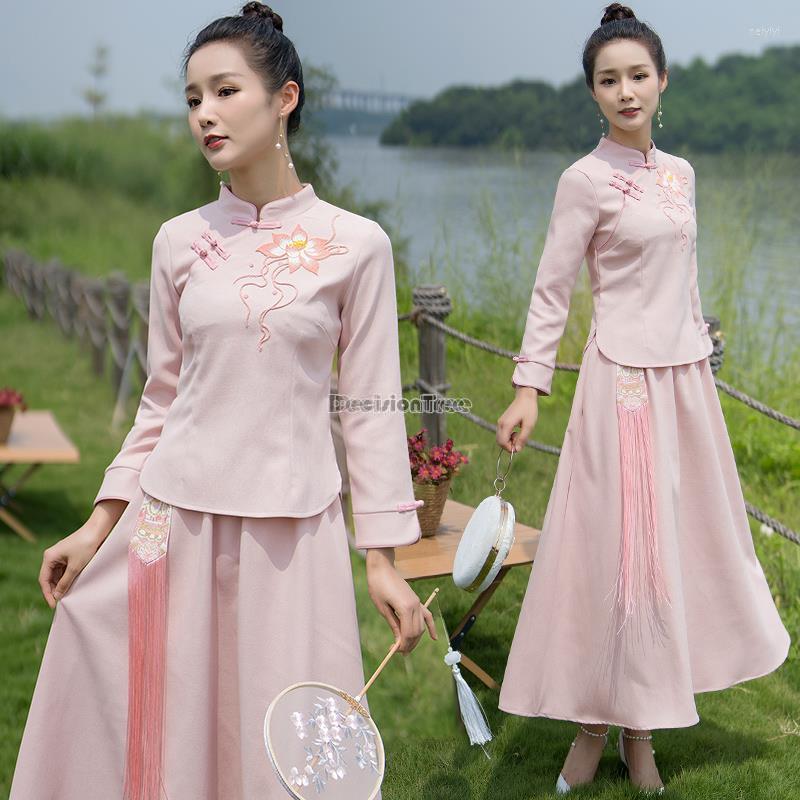 

Ethnic Clothing 2023 Autumn Chinese Style Traditonal Top Long Sleeve Qipao Women Retro Cheongsam Blouse Casual Daily Pink Hanfu
