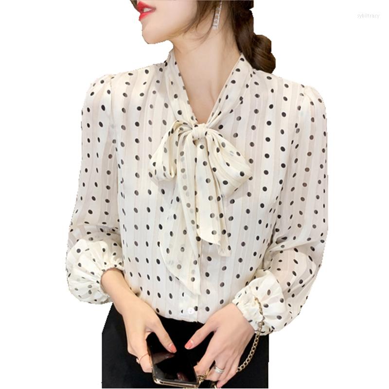 

Women' Blouses Women Fashion Full-sleeve V-neck Shirts Polka Dot Loose Bow Ribbon Tied Career Elegant Spring Autumn Lady Chiffon Tops, Picture shown