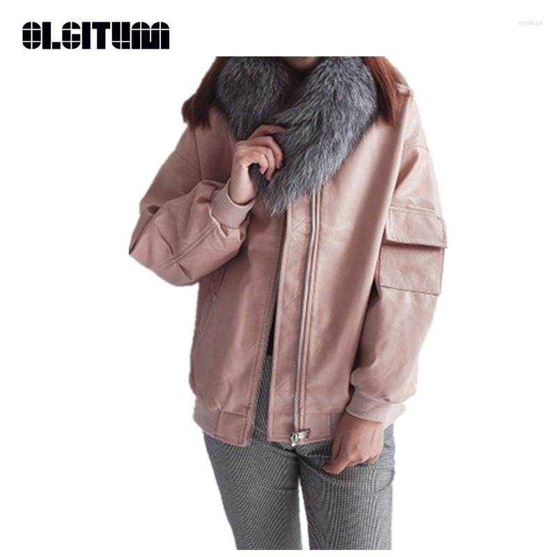 

Women' Jackets 2023 Autumn Winter Women Basic Jacket Korean Style Solid Color Oversize Ladies Silhouette PU Leather Pink Black JK611
