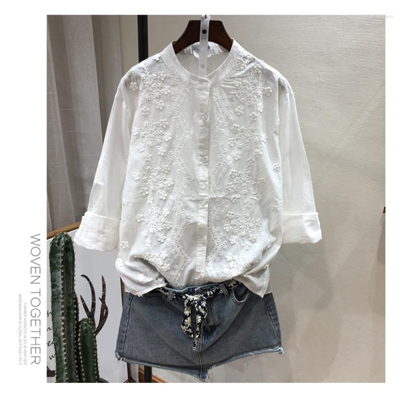 

Women's Blouses FairyNatural Women 3D Flowers Stitch Embroidery Blouse Stand Collar Long Sleeve Ladies Cotton Shirt Mori Girl, Pink