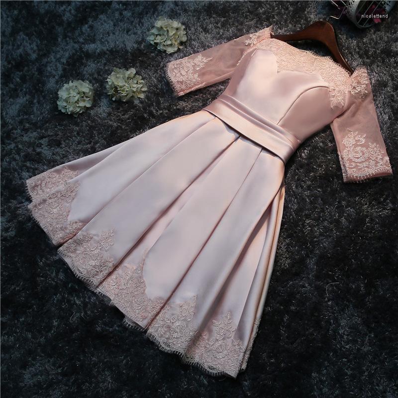 

Party Dresses Satin Pearl Pink A-Line Cocktail Off The Shoulder Half Sleeves Lace Applique Short Women Formal Prom Gowns Up, Wine red