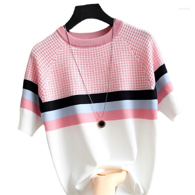 

Women' T Shirts 2023 Summer Short-sleeved T-shirt Houndstooth Contrast Color Ice Silk Knitted Sweater Women' Pullover Slim, Pink