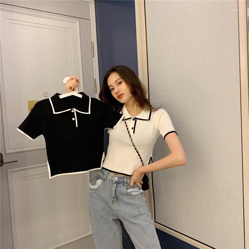 

Women's T Shirts Women Latest Fashion Polo Collar Short Sleeve Knitted Shirt Blouse Top Split Style Charming Tees, Black