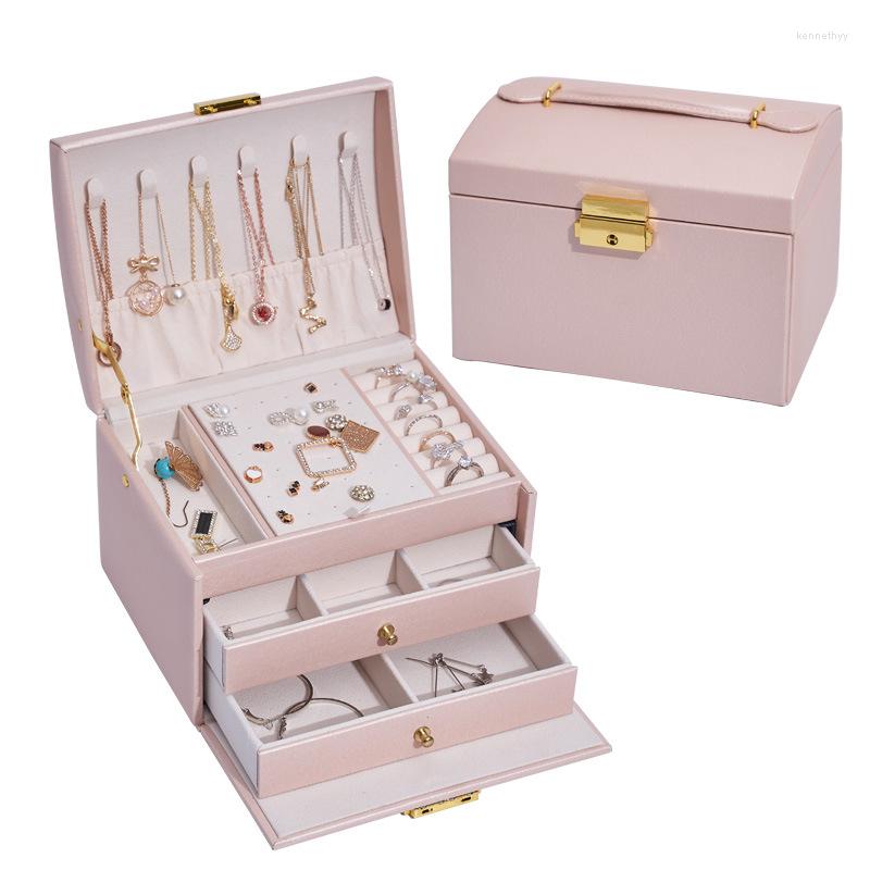 

Jewelry Pouches 3 Layers Box Organizer With Handle PU Leather Display Case Storage For Bracelets Earrings Rings Necklace