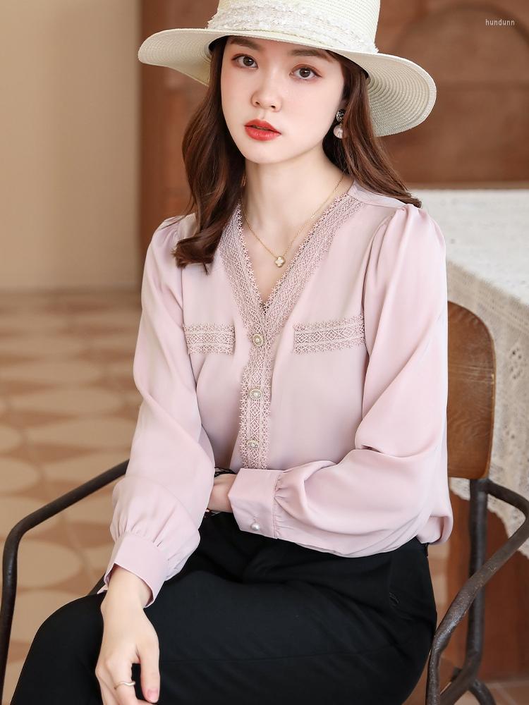 

Women' Blouses Solid Shirt Office Ladies Enegant Pearl Buttons Decorate V Neck Long Puff Sleeve Luxury Women' Top, Pink