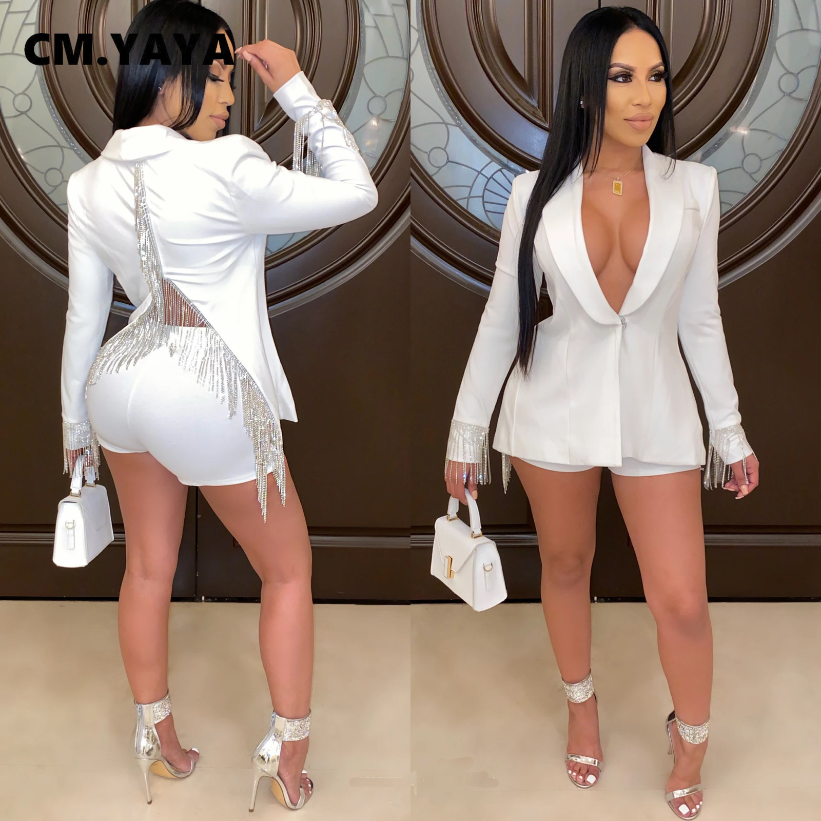 

Women's Suits Blazers CM.YAYA Women Sequins Tassel Splcing Notched Neck Blazer Suit and Shorts Matching Two 2 Piece Set Office Lady Elegant INS Outfit 230203, White