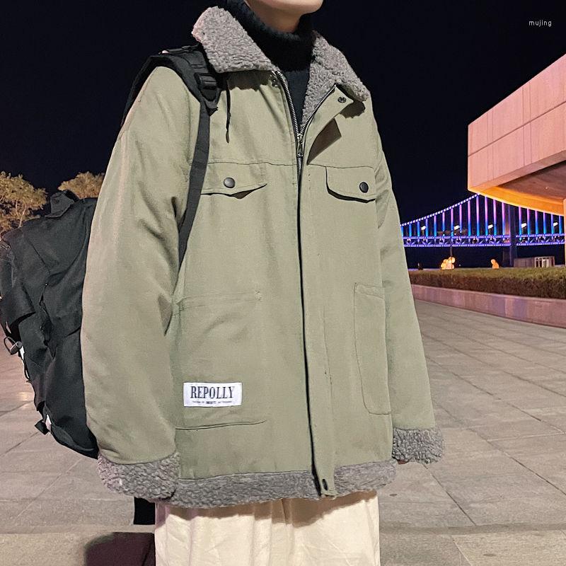 

Men's Down Lamb Wool Coats Men Winter Thicken Warmth Short Windproof Plus Velvet Cargo Text Cloth Sticker Tops Pocket Design Loose Jacket, Gray