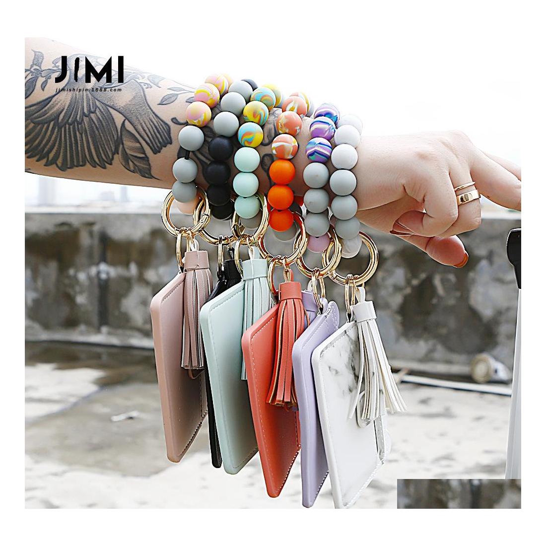 

Key Rings Women Girls Sile Beaded Bracelet Outdoor Sports Ring Keyring Circle Keychain Wristlet Jewelry With Wallet Card Purse Drop D Dhk0M