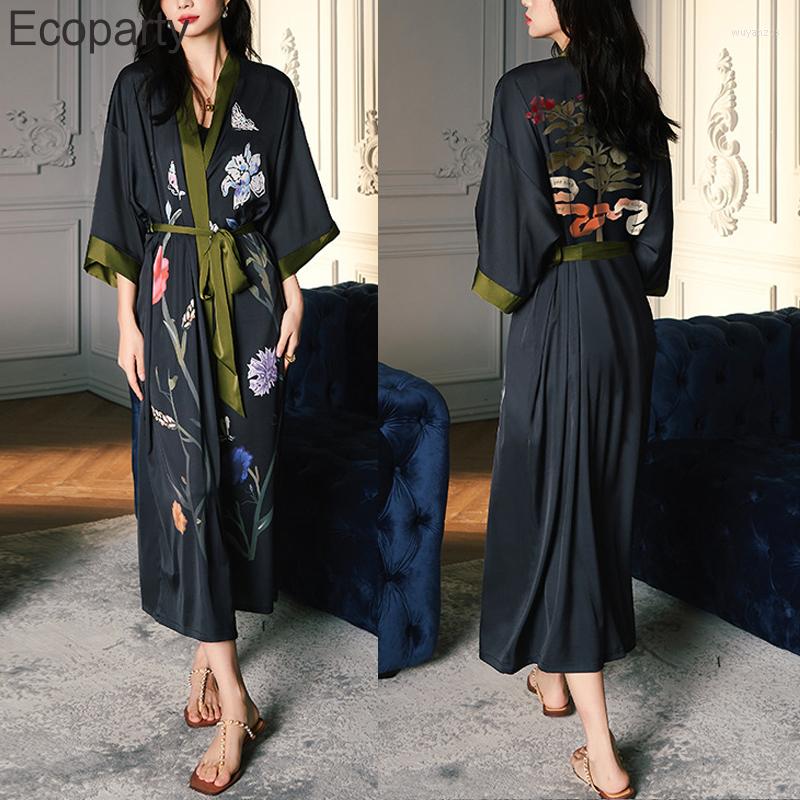 

Ethnic Clothing Women Spring Summer Kimono Long Robe Sexy Black Flower Printed Half Sleeve Bathrobe Gown Satin Leisure Home Dress For Female