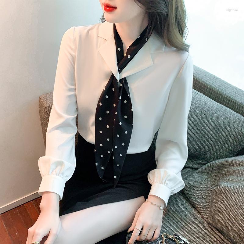 

Women' Blouses Solid White Notched Collar Chiffon Women Shirt Spring Long Sleeve With Polka Dots Designed Fashion Womens Tops
