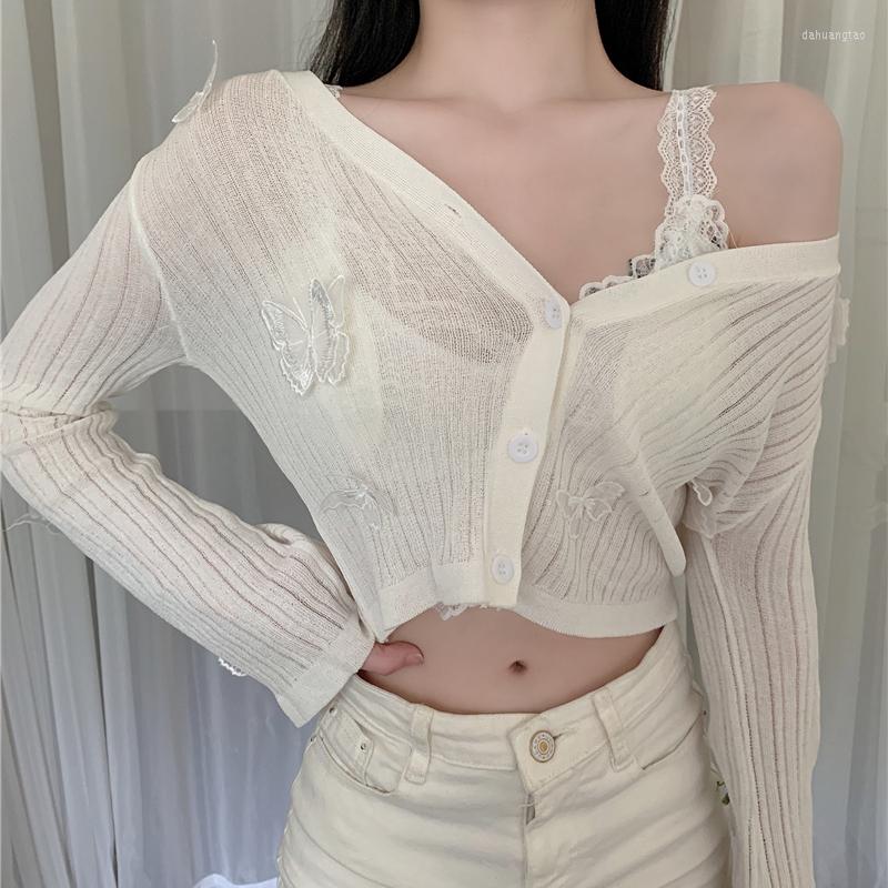 

Women's Knits Butterfly Knit Cardigans Women Korean Sexy V-Neck Fitness Crop Tops Ladies Summer Thin Long Sleeved Sunscreen Jackets, Black