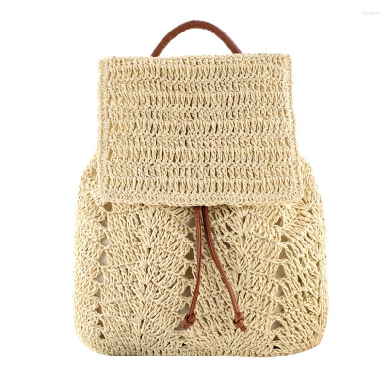 

School Bags Stylish Women Straw Backpack Shoulder Messenger Summer Beach Travel Hand-Woven Handbags For Gift, Beige