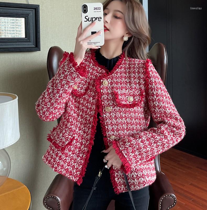 

Women' Jackets High Quality Small Fragrant Elegant Red Plaid Tweed Jacket Coats Women Long Sleeve Female Christmas Temperament Outerwear