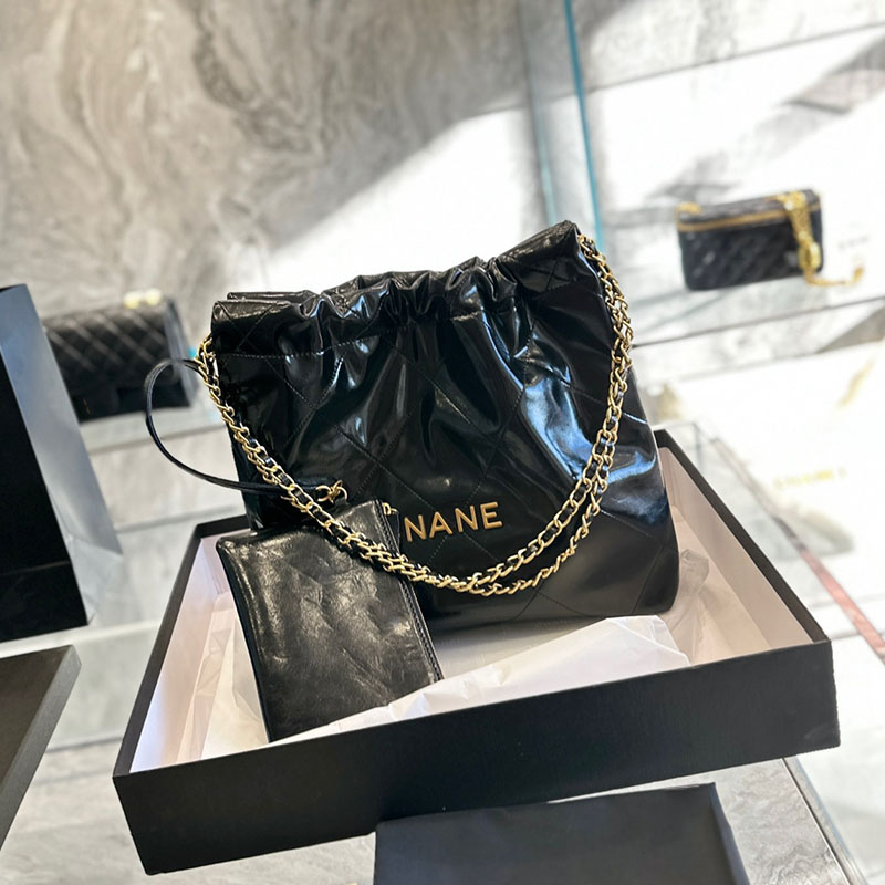 

Luxury Designer 22 Shopping Bags Oil Wax Leather Calfskin Purse Wallet Pouch Coin Charm Gold Metal Hardware Matelasse Chain Pocket Large Capacity Handbags 31X35CM, Box