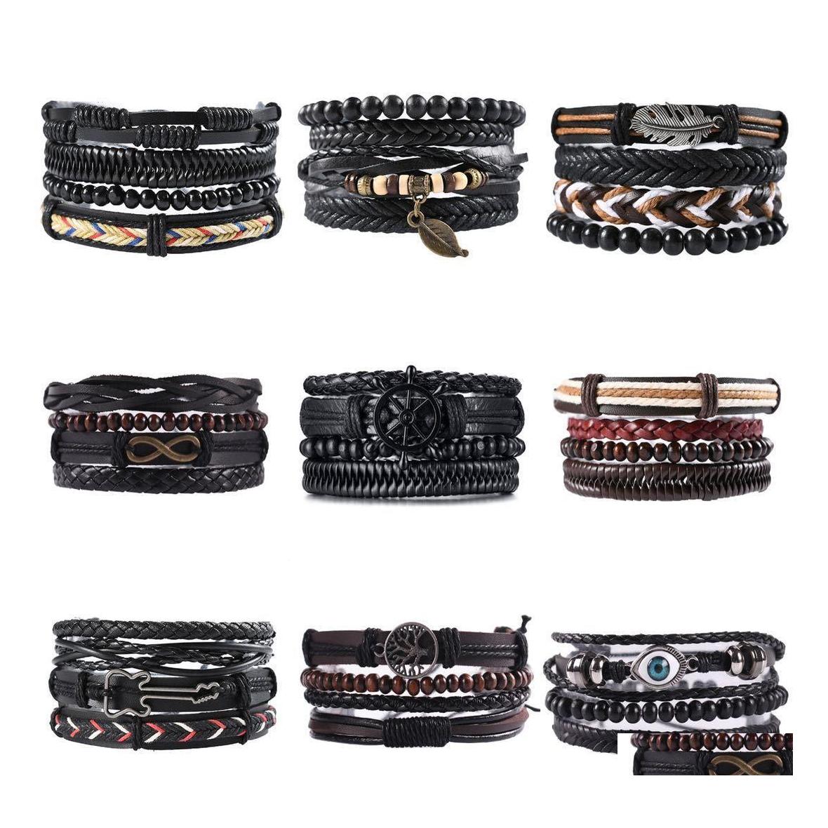 

Charm Bracelets Mtilayer Retro Leather For Men Beads 4 Pcs Bracelet Set Handmade Anchor Infinity Wrap Jewelry Drop Delivery Otczk