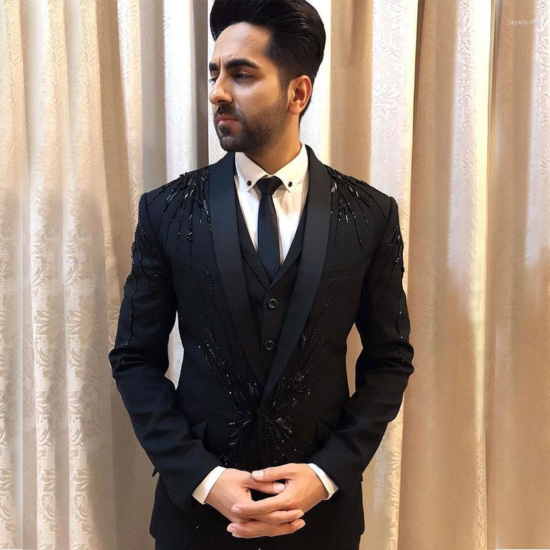 

Men's Suits Luxury Black Beaded 3 Pieces Men's Shawl Lapel Tuxedos For Wedding Male Jackets Prom Blazers With Trousers And Vest, Navy blue