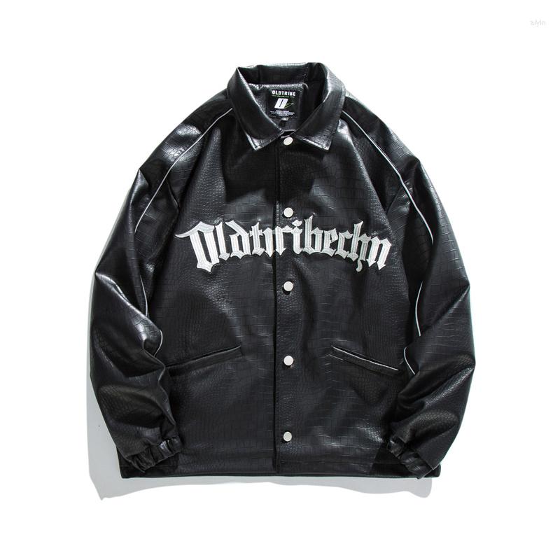 

Men's Jackets Men PU Leather Jacket Gothic Letter Embroidery Motorcycle Streetwear 2023 Autumn Vintage Japanese Loose Bomber Coat, Black