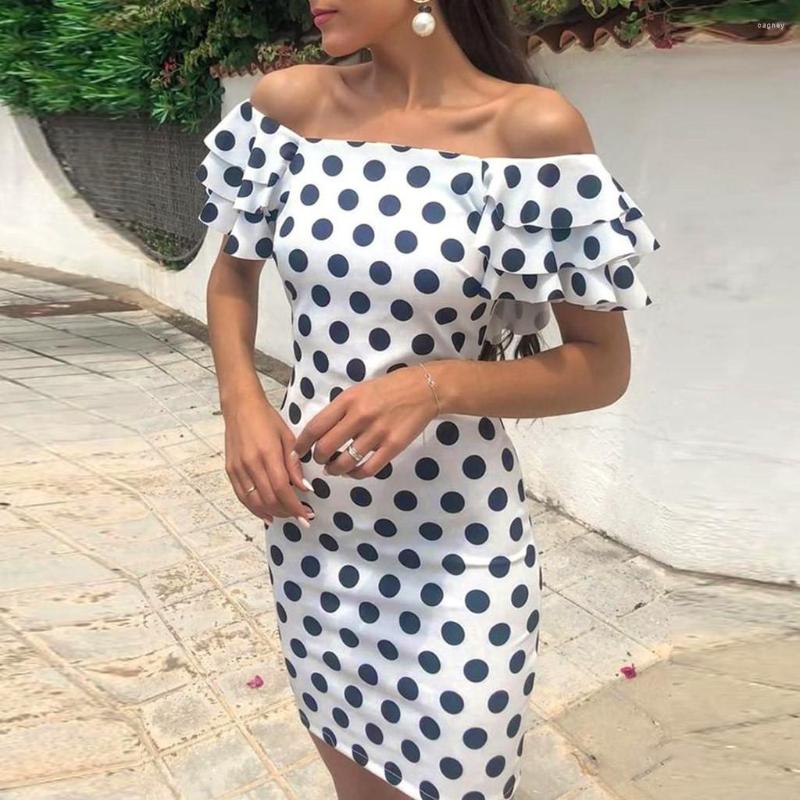 

Party Dresses Stylish Bar Summer Ruffles Backless Women Off Shoulder Slash Neck Beach Dress Casual Dot Print Mini Vestidos, White