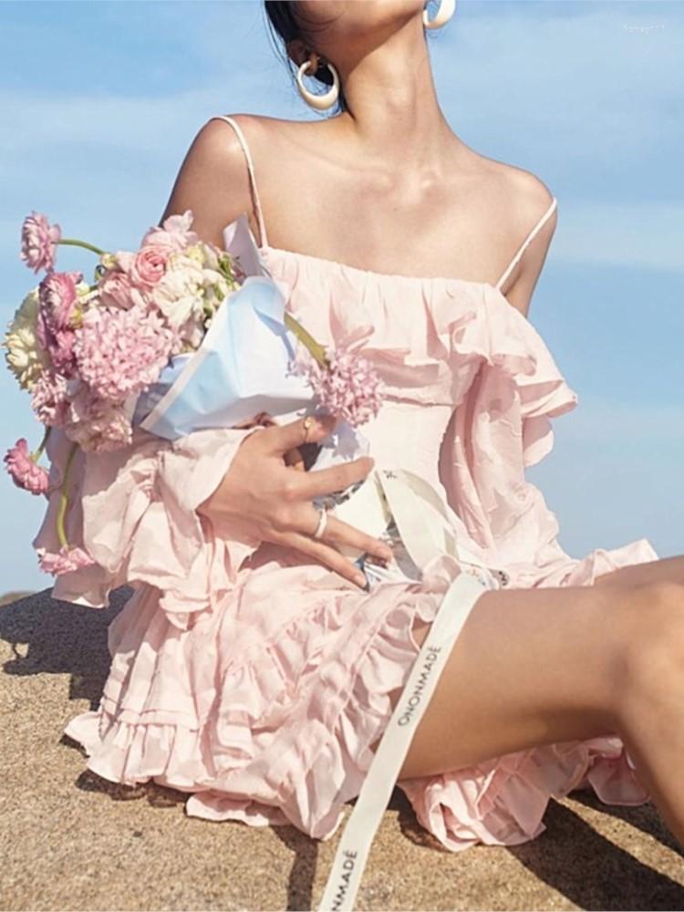 

Casual Dresses 2023 Women' Dress Chiffon Lantern Sleeve Edge Strapless Sling Cherry Blossom Powder Cake Summer, Pink