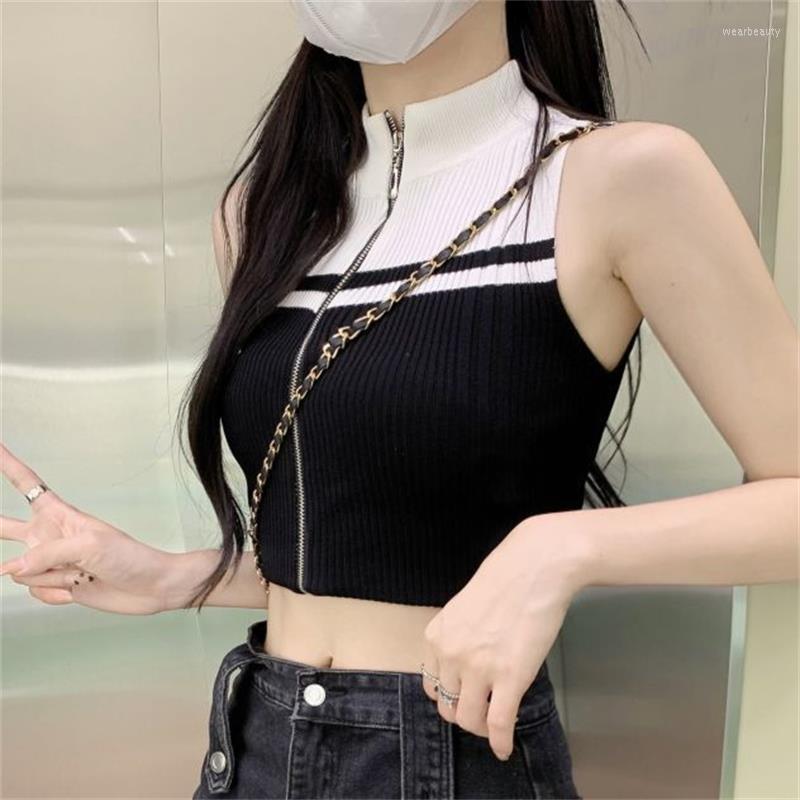 

Women's Tanks Zipper Half High Neck Knitted Sleeveless Tank Top Women's Tops Summer Korean Sexy Short Vest Crop Casual, Black
