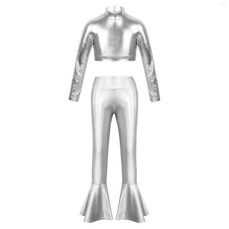 

Clothing Sets Kid Girl Glossy Metallic Long Sleeves Mock Neck Crop Top With High Waist Bell-bottoms Pants Practice For Dance Stage, Black