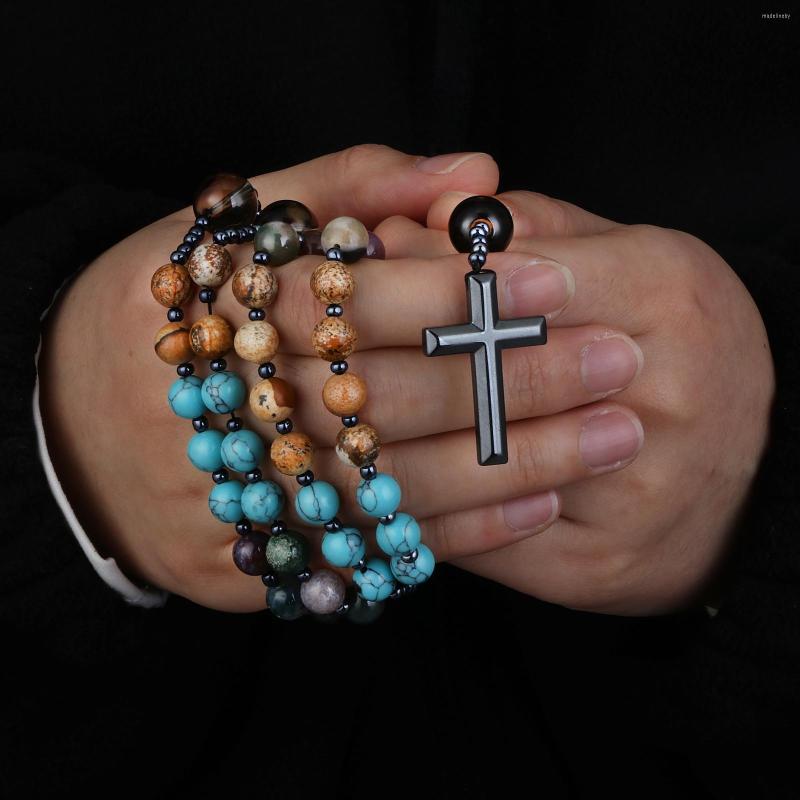 

Chains Natural Picture Stone Rosary Beads Necklace Catholic Christ Hematite Cross Pendant Women Men Jewelry Mala