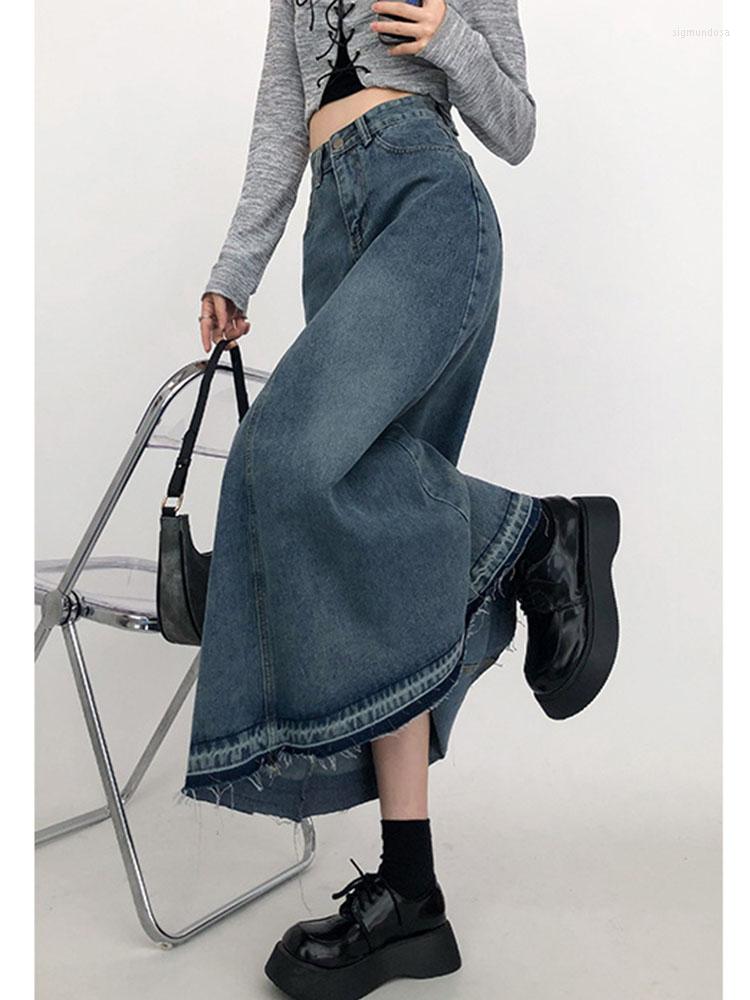 

Skirts Harajuku Patchwork Design Women A Line High Waist Denim Mid-Long Female Loose Classic Cozy Skirt American Style Vintage, Blue