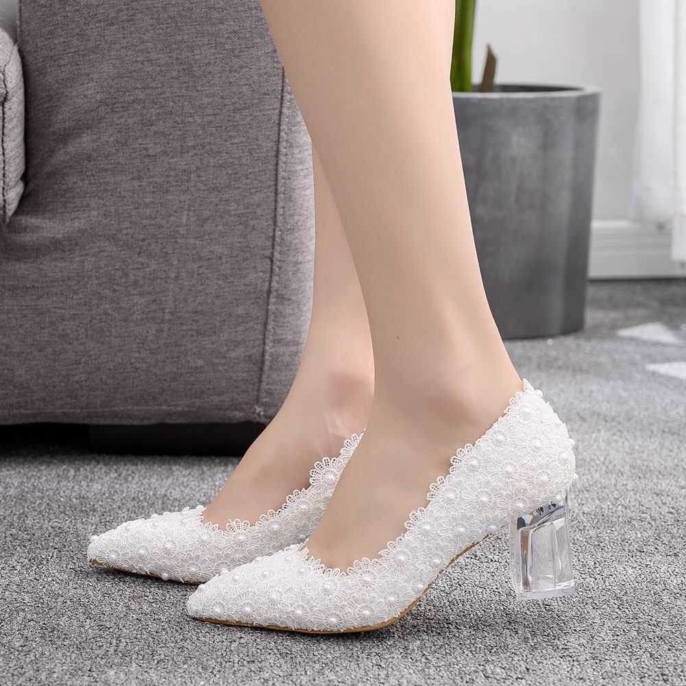 

Dress Shoes Autumn Women Lace White Wedding Pumps Bride Fashion Sweet Square High Heels New Party Dance Bridal Shoes Woman Big Size H0150 G230203, 6.5cm ladies shoes