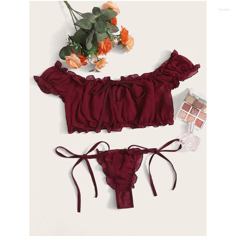 

Bras Sets Women Pleated Mesh Lingerie Set Sweet Cute Off-shoulder Strapless Tops Briefs Babydoll Sleepwear Underwear Sexy, Red