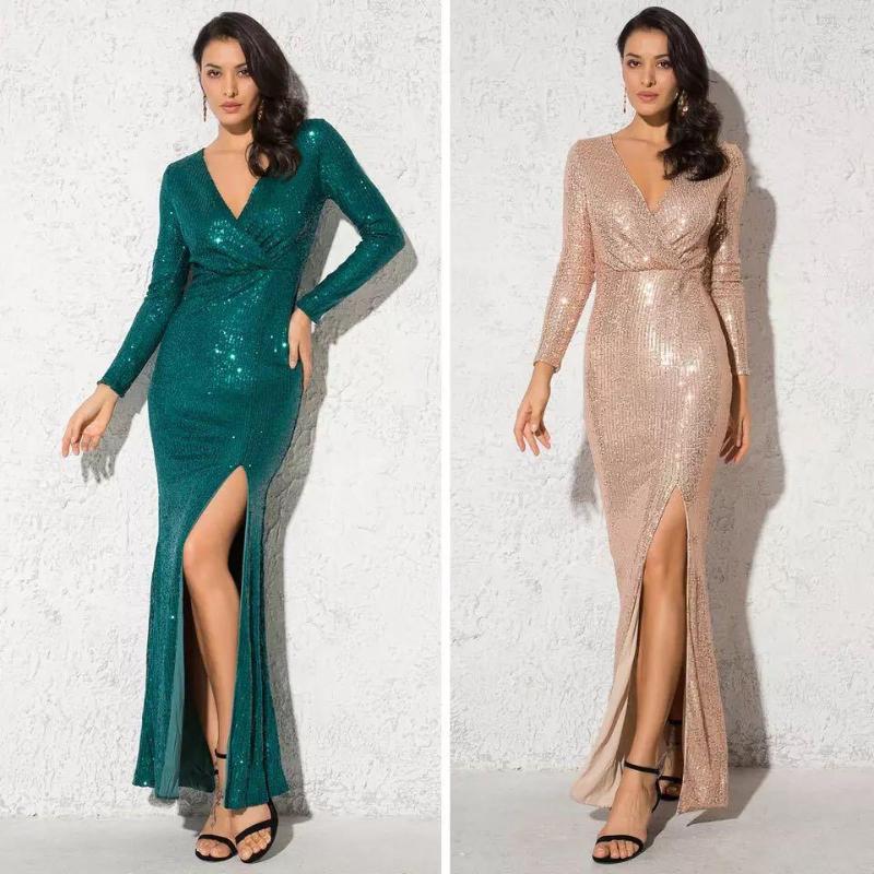 

Casual Dresses 2023 Silver Sequined Maxi Dress Black Green V Neck Evening Party Wrap Stretchy Full Sleeved Low Slit Leg