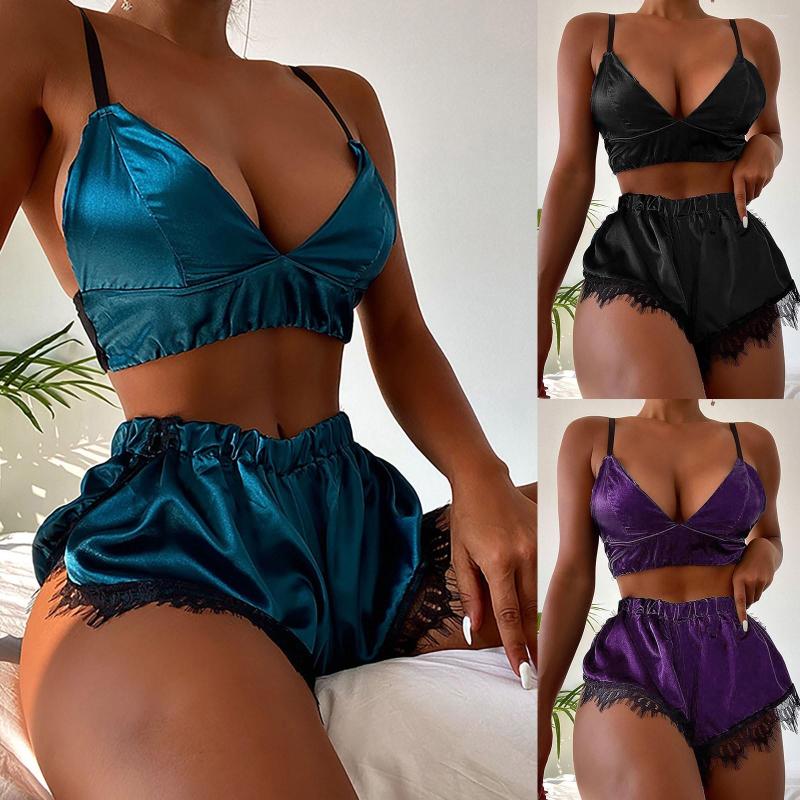 

Bras Sets Ladies Sexy Deep V Sling Lace Bra Shorts Pajama Set Solid Homewear Women's Lingerie Two Piece Extoic Sleepwear Nightwear