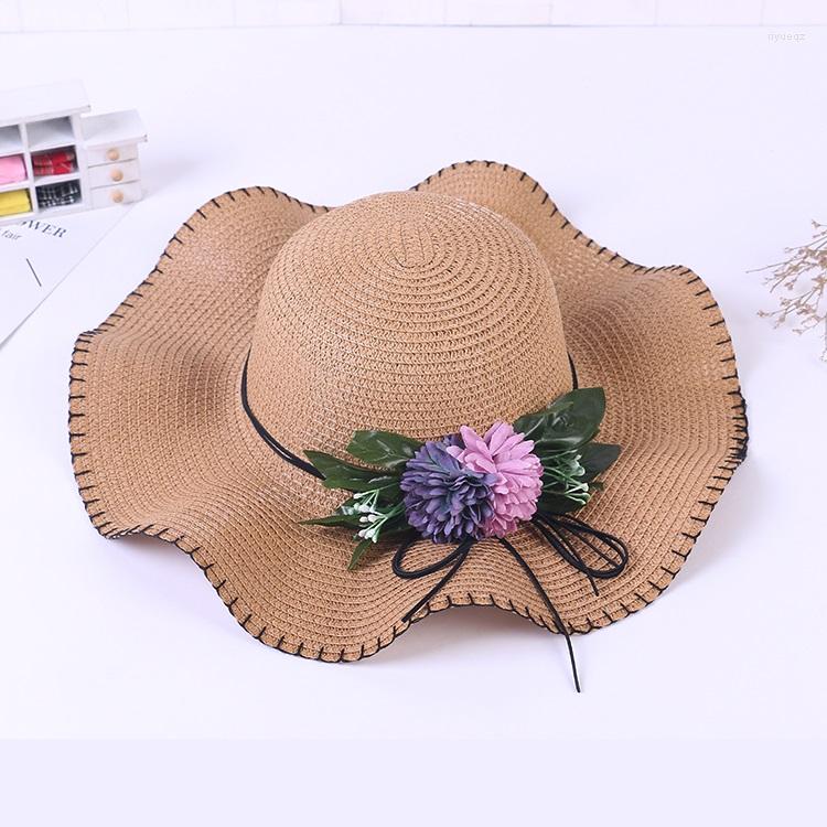 

Wide Brim Hats X017 Lady Fashion Summer Sun Hat Female Straw Screen Large Brimmed Wavy Edge Travel Cap Protection Sunbonnet, Beige