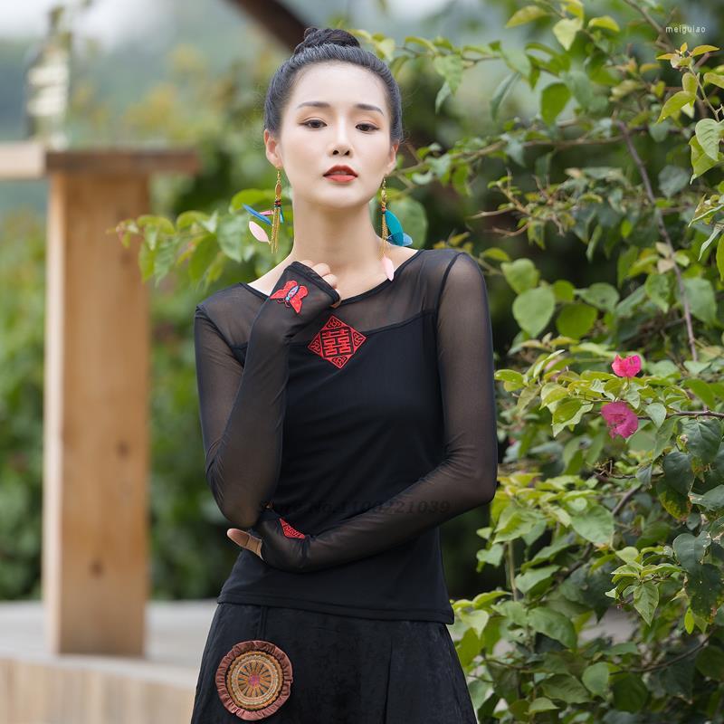 

Ethnic Clothing 2023 National Flower Embroidery Mesh Blouse Style Slim T-shirt Women Vintage Harajuku Tops Chinese Elegant Tang Suit