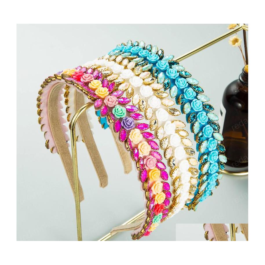 

Headbands Temperamen Korean Porcelain Flower Headband Elegant Mti Color Geometric Crystal Beaded Hairband Girls Party Bezel Drop Del Dhzkh