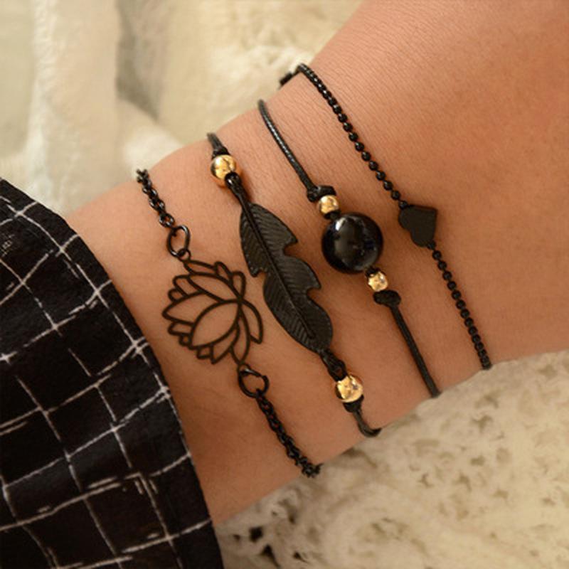 

Charm Bracelets 2023 Fashion 4PCs Gothic Black Feather Lotus Set Heart Boho Bangles For Women Wrist Chain