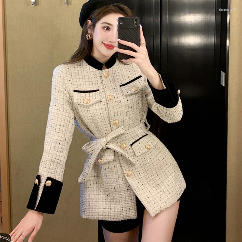 

Women' Jackets Autumn Winter Elegant Sequined Plaid Tweed Long Coats Vintage Office Lady Single Breasted Slim Belt Casual Jacket Women, Black